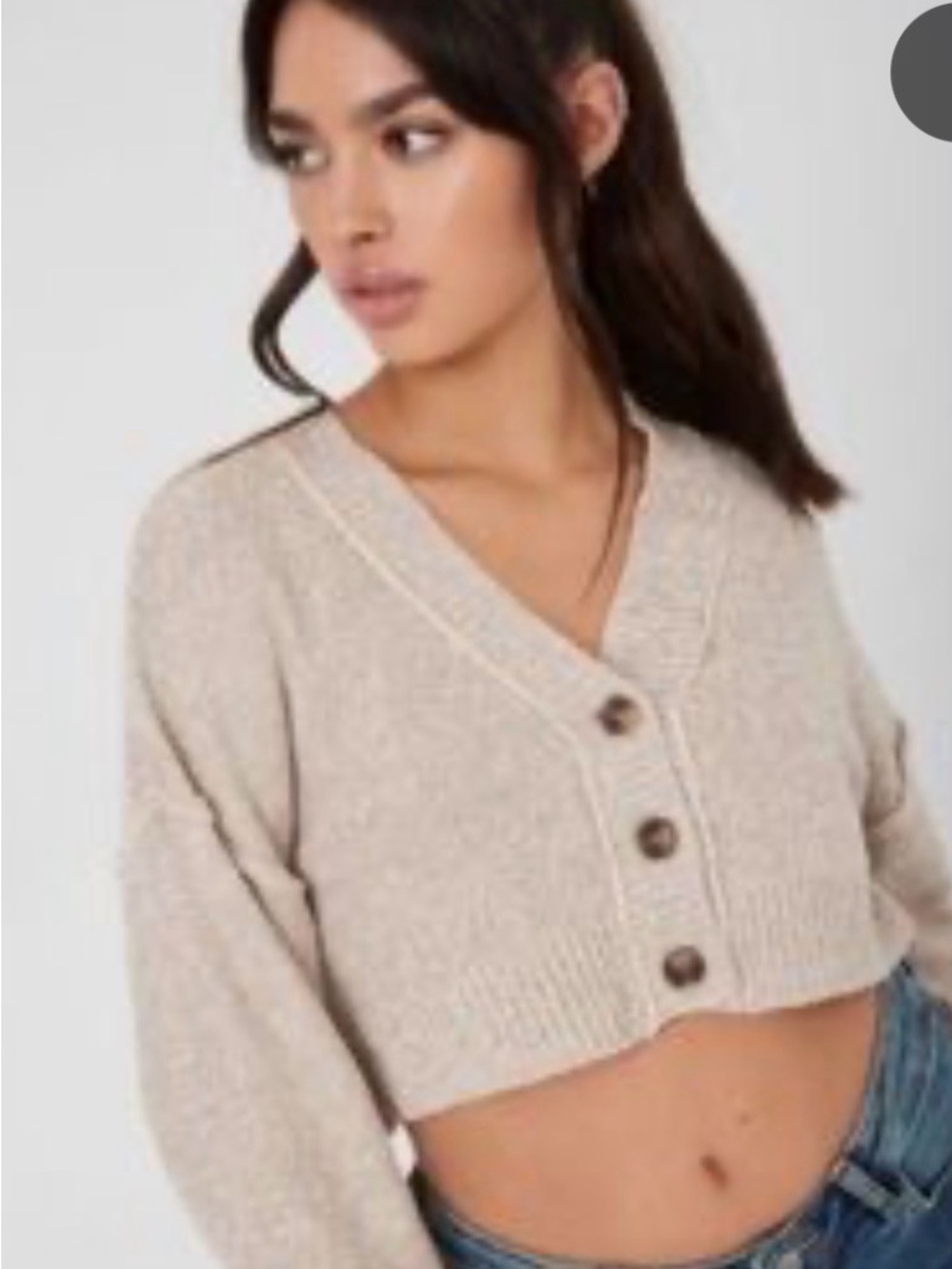 Garage Taupe Cropped V-Neck Button Front Cardigan Long Sleeve Size Small - Picture 7 of 13